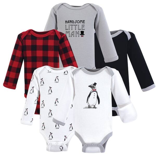 slide 1 of 1, Hudson Baby Infant Boy Cotton Preemie Long-Sleeve Bodysuits 5pk, Penguin, Preemie - Penguin Long-Sleeve Preemie - Penguin Long-Sleeve