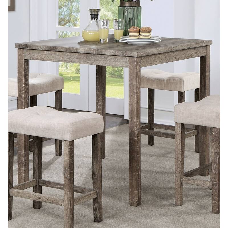 5-Piece Counter Height Dining Set with Gray Table and Beige Linen-like Upholstered Stools, Farmhouse-Inspired Rustic Charm