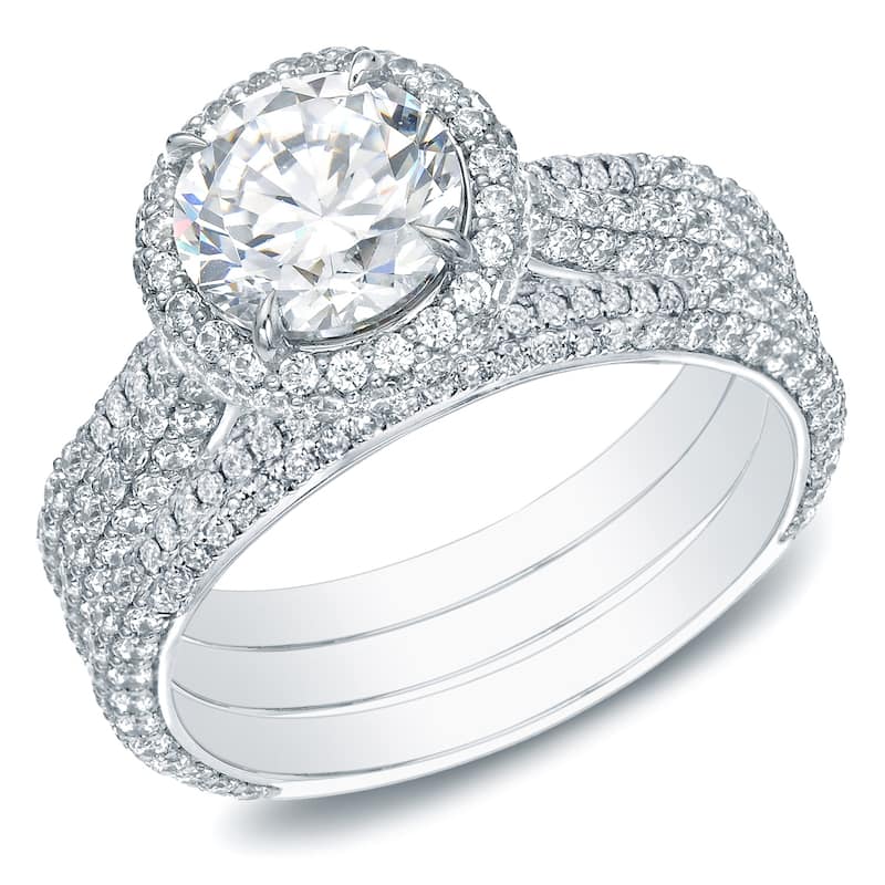Auriya 3 1/5ctw Pave Halo Diamond Engagement Ring 3pc Set 14k Gold