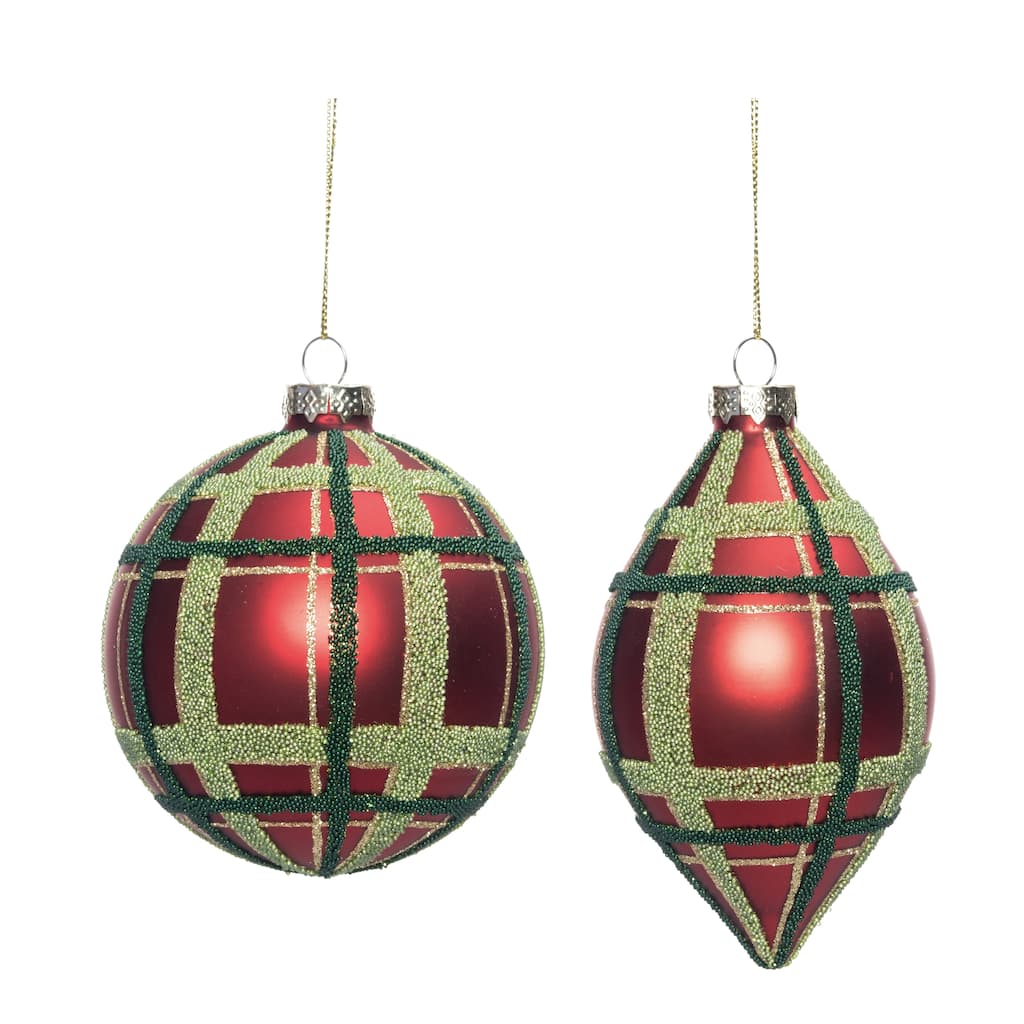 Transpac Glass Beaded Plaid Ornament Set of 2 Christmas Home Decorations