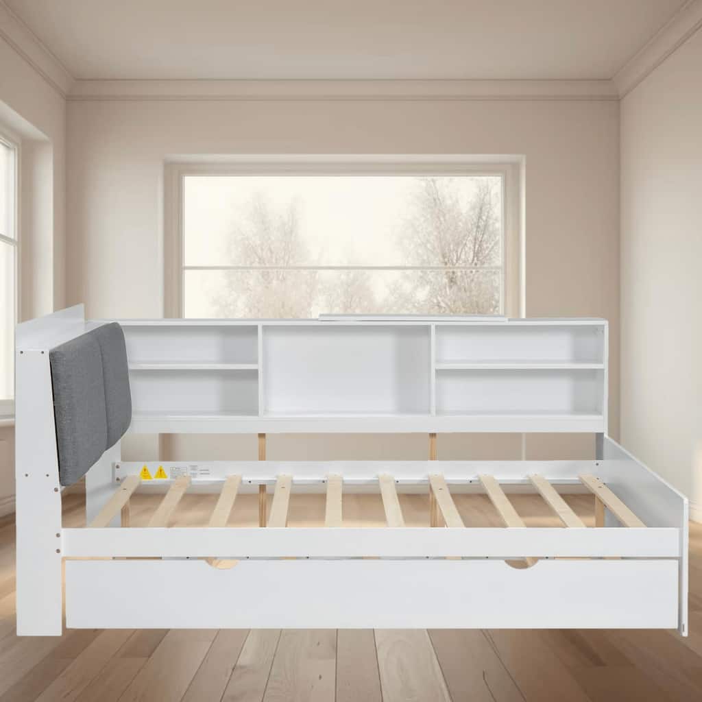 Full Size Wooden Platform Bed Frame with Trundle and Storage Headboard, Perfect for Small Spaces, Bedroom Furniture