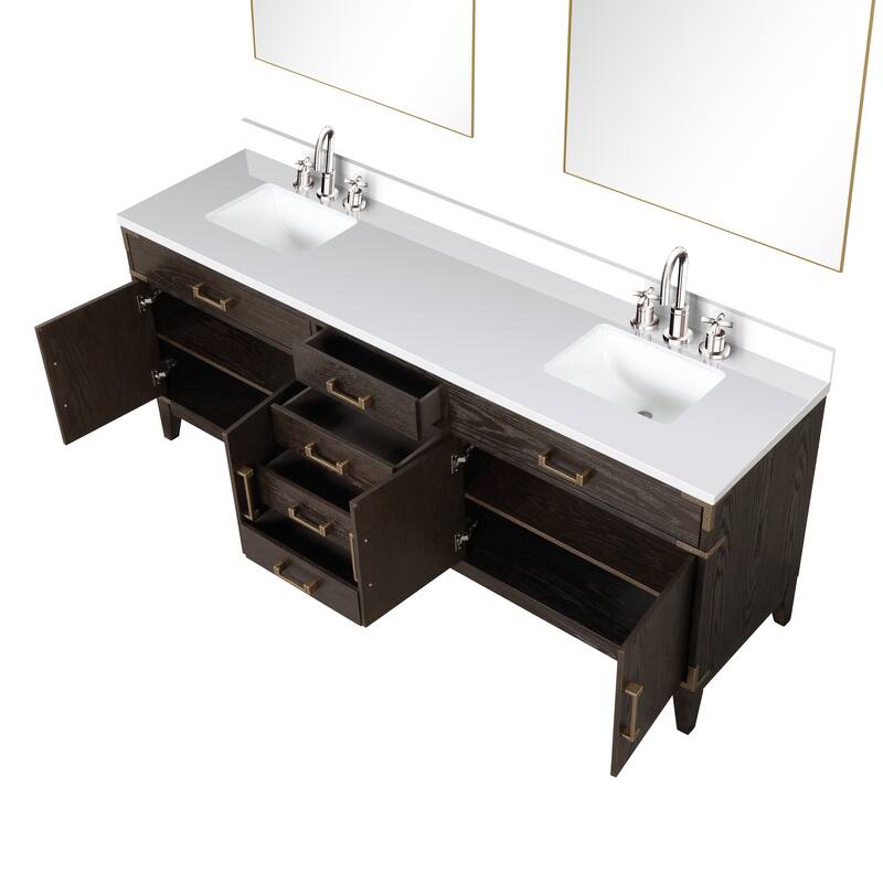 Laurel 60 in W x 22 in D Black Oak Double Bath Vanity, White Quartz Top, Faucet Set, and 28 in Mirrors