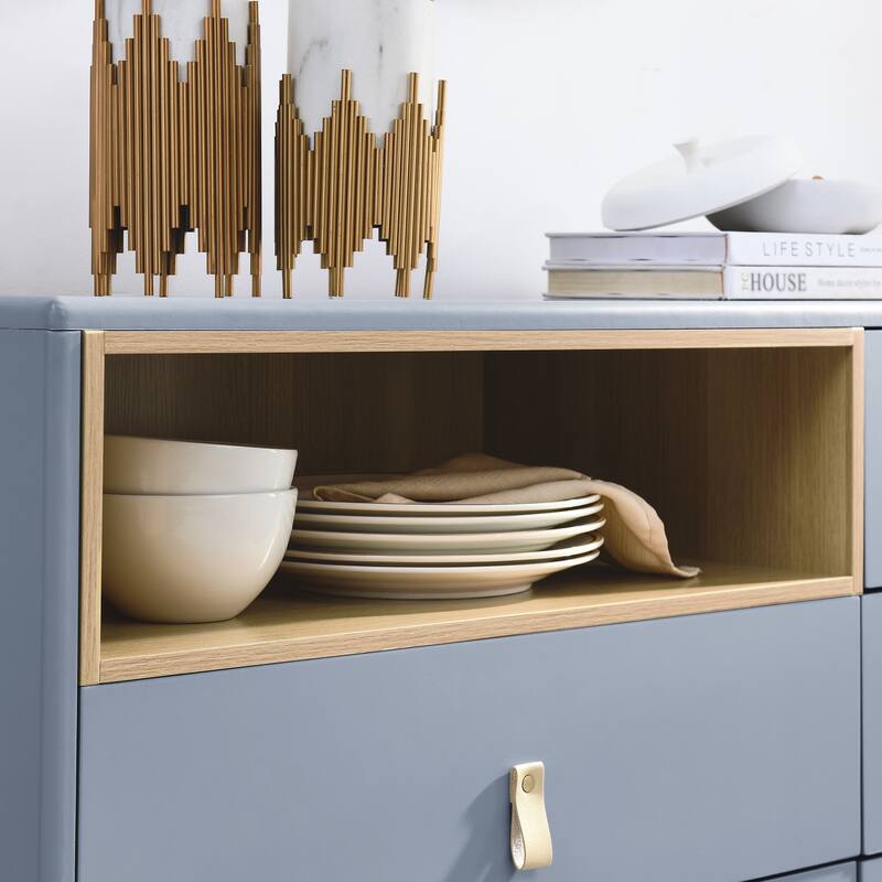 Modern 5 Drawer 55.12 in. Dresser Wood Storage Cabinet with Leather Handle, Open Shelf Drawer Cabinet