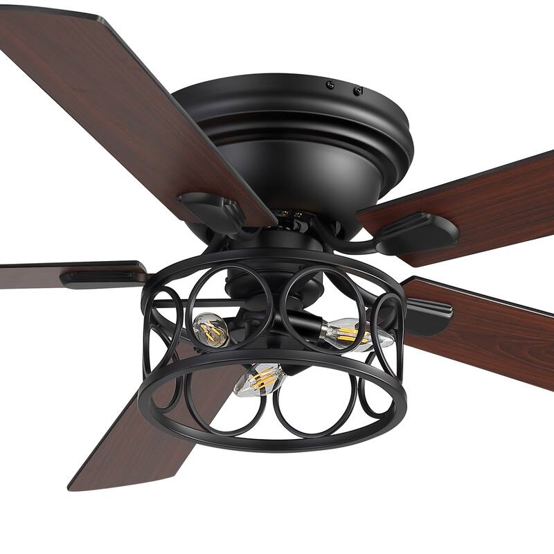 52-inch Flush Mount Caged Ceiling Fan with Light and Remote(5 Reversible Blades)