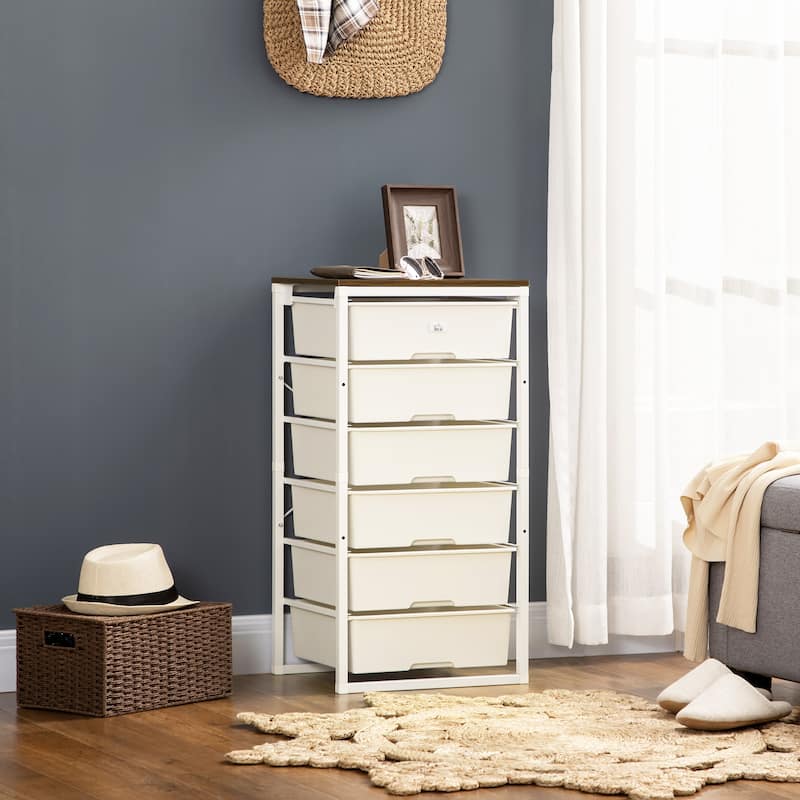 HOMCOM Dresser for Bedroom, 6 Drawer Dresser, Chest of Drawers with Steel Frame for Bedroom, Living Room - White