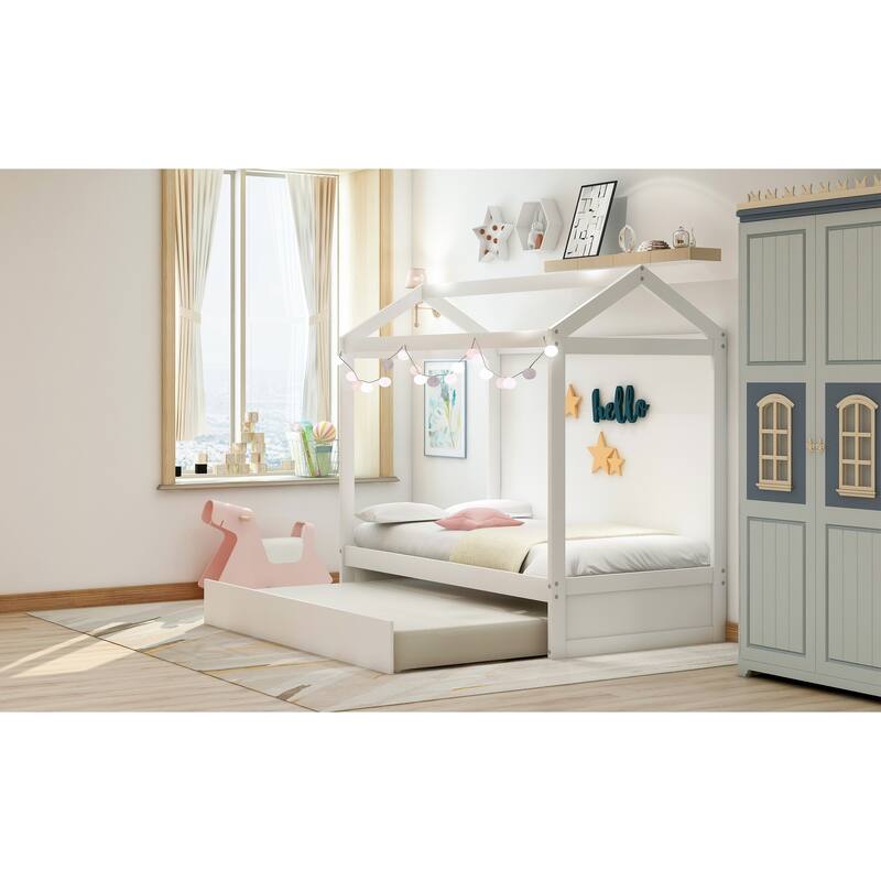 White House Bed with Trundle, Decorative Twin Bed for Kids