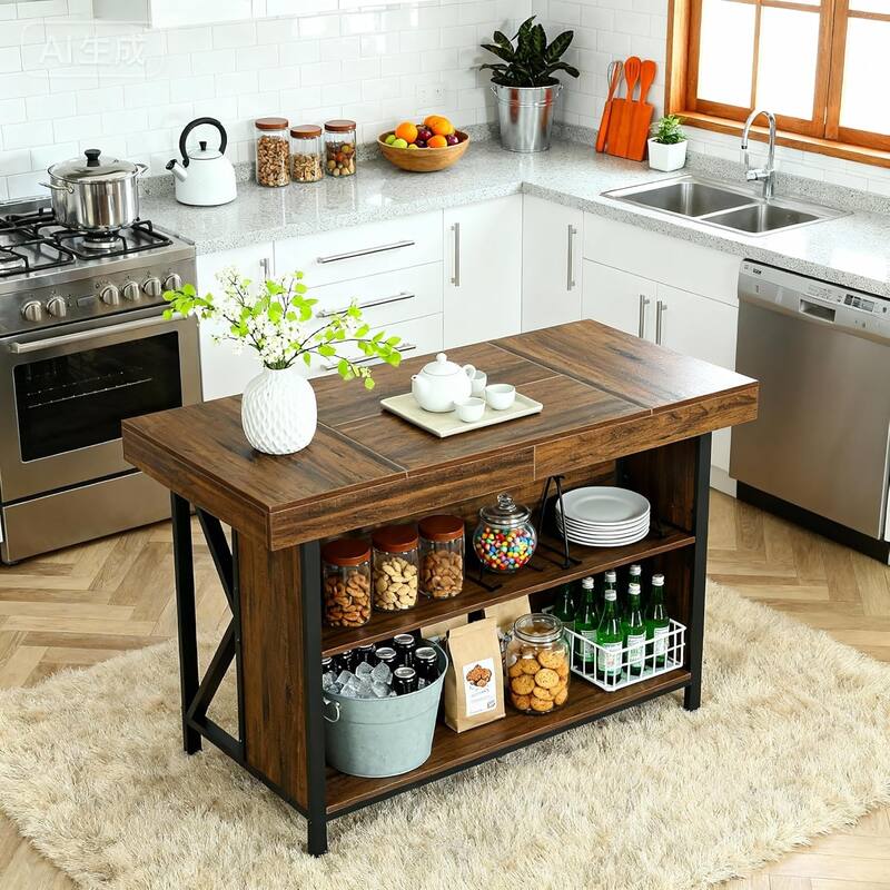 55-inch Large Kitchen Island with Storage, 3-Tier Industrial Bar Table for Kitchen, Dining Room, Brown