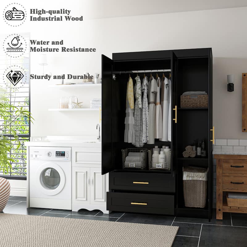 Classic Three-Door Wardrobe,Wood Bedroom Armoire with Hanging Rod and Shelves,Spacious Storage Closet,Modern Farmhouse Design