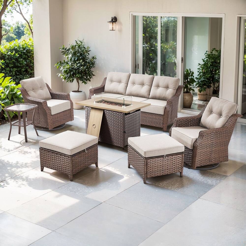 Artisan Brown Wicker Patio Fire Pit Conversation Set with 3-Seat Sofa & Swivel Gliders