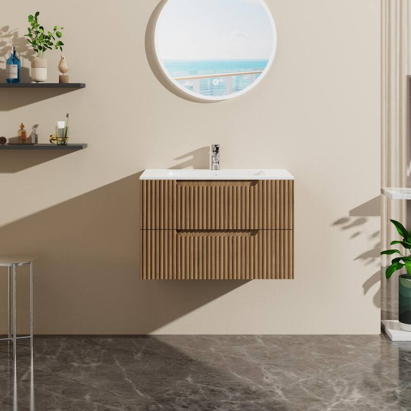 30" Wall Mounted Bathroom Vanity with Sink Floating Bathroom Cabinet, Soft-Close System,2 Extra Big Drawers, Sink not Included - Natural Walnut