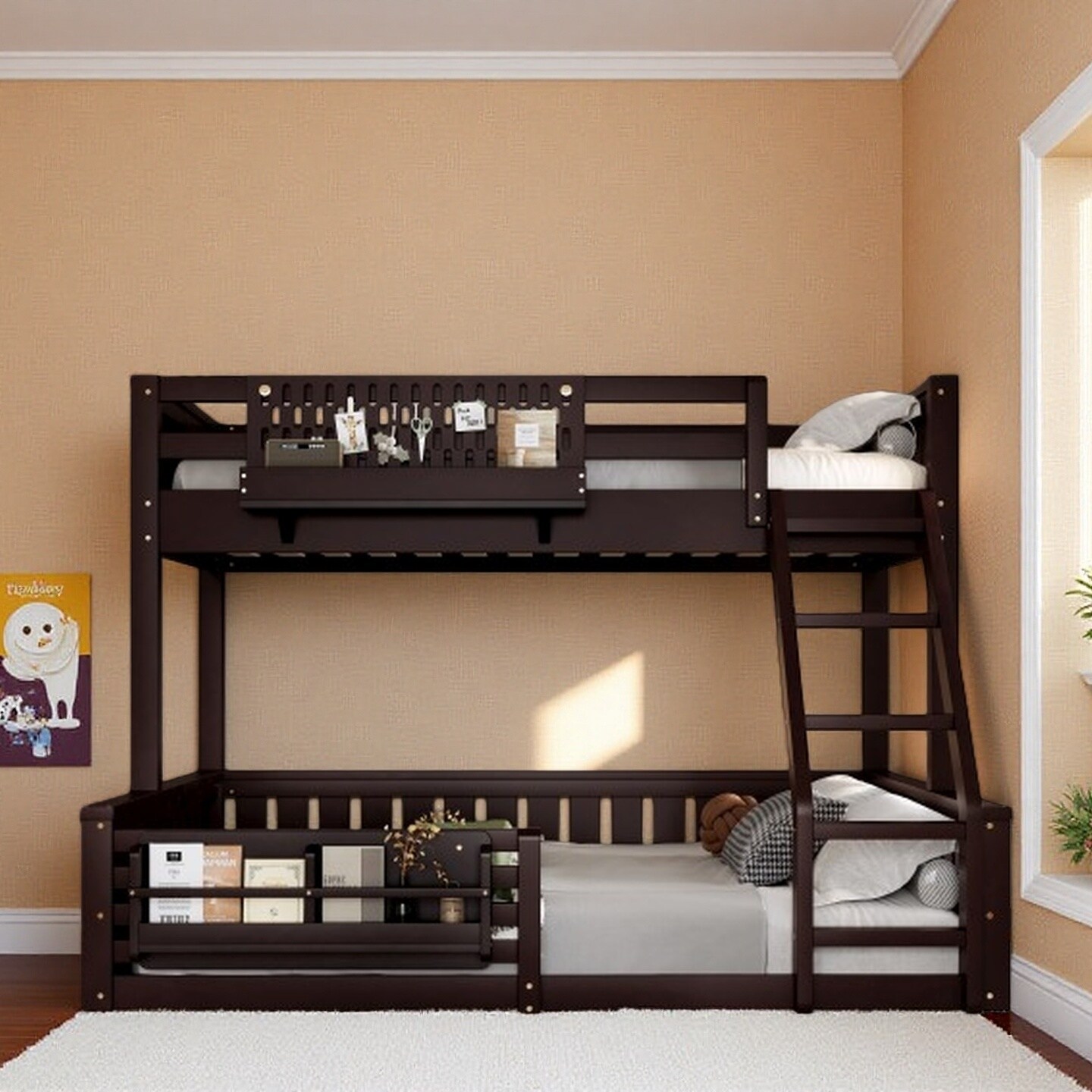 Twin XL over Queen Bunk Bed with Pegboard, Built-in Bookshelf, Ladder, and Guardrails, Space-Saving Solid Wood Kids Bed