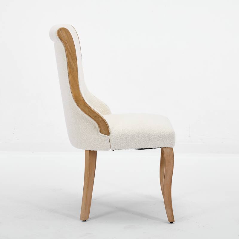Snow Velvet Dining Chairs, Mid-Century Style with Curved Wood Trim & Sculpted Legs, Set of 2, Beige