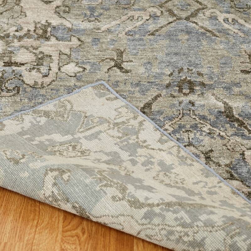 Transitional Blue Hand-Knotted Viscose Area Rug