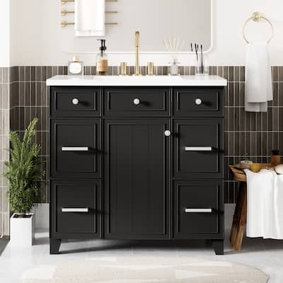 36 Inch Freestanding Bathroom Vanity with White Ceramic Basin and Door and Drawers