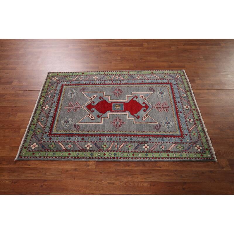 Kazak Accent Rug Hand-Knotted Grey Geometric Wool Carpet - 3'4" x 5'0"