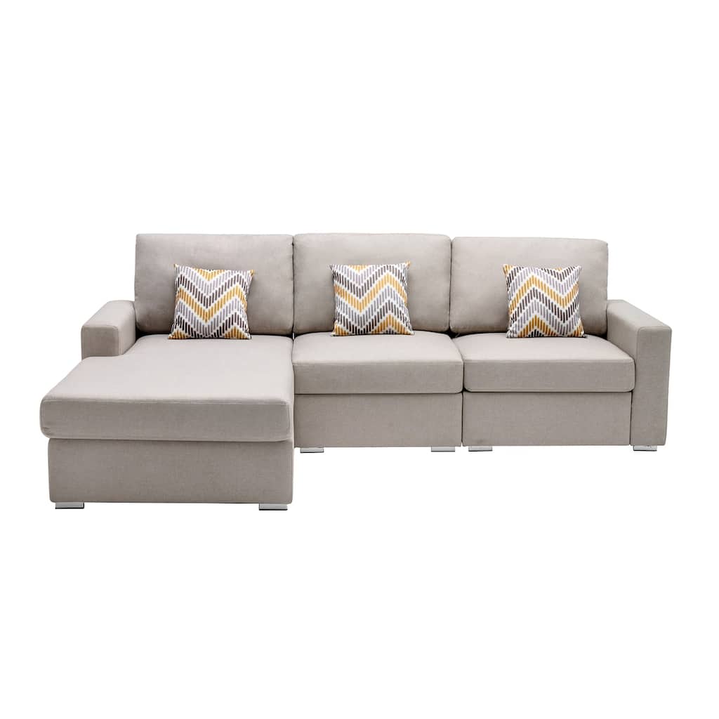 Linen Fabric 3 Piece Reversible Sectional Sofa Chaise with Pillows and Interchangeable Legs in Beige