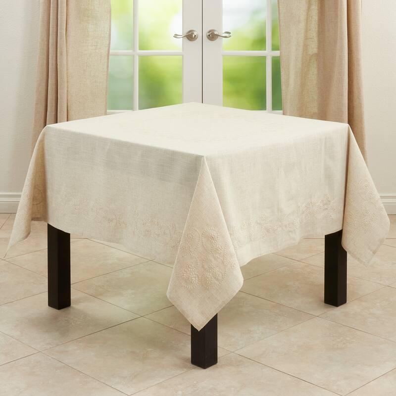 Embroidered Swirl Design Natural Linen Blend Tablecloth