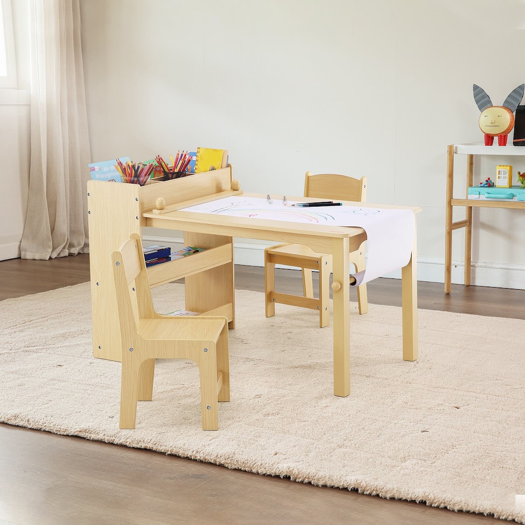 2-in-1 Wooden Toddler Craft and Play Activity Table Set Including 2 Chairs with Cabinet - 31.3x21.85x21.26 inch