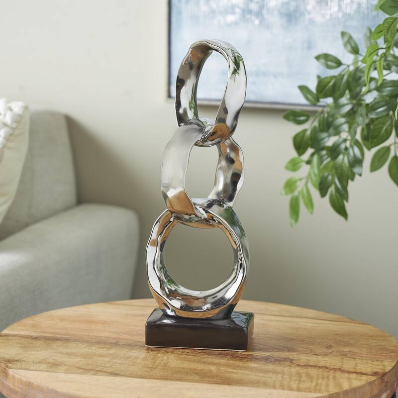 Silver or Gold Ceramic Interlocked Ring Abstract Decorative Sculpture with Black Base - Silver