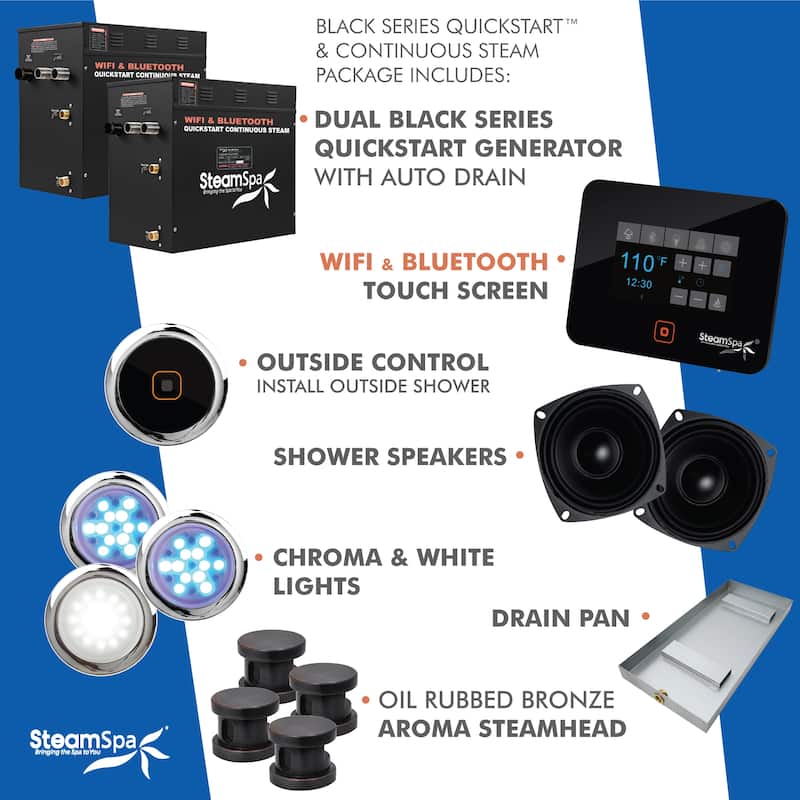 Black Series WiFi & Bluetooth 2 x 10.5kW QuickStart Steam Bath Generator Package & Dual Aroma Pump in Oil Rubbed Bronze