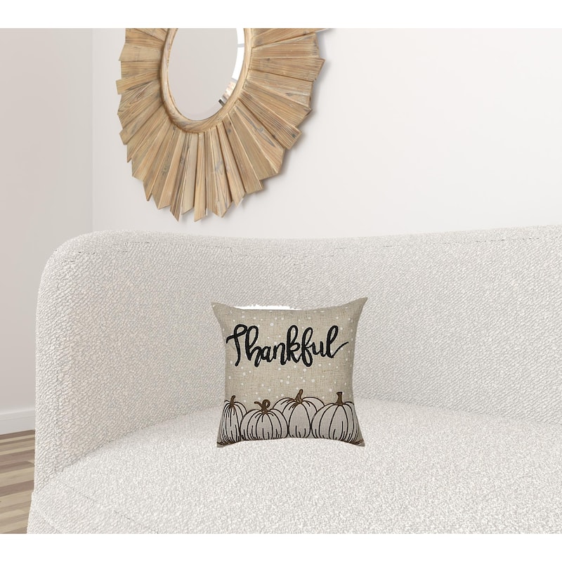 14" X 14" Beige and White Thanksgiving Pumpkin Linen Blend Zippered Pillow With Applique