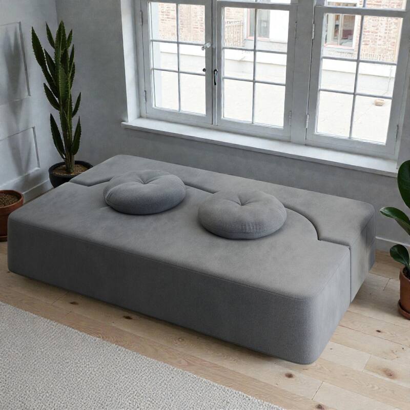 Convertible Floor Sofa Bed with 2 Pillows, Plush Corduroy Foam-Filled Folding Mattress, Full Size Sleeper, No Assembly Needed