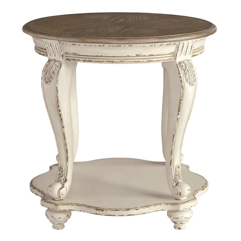 26 in. Antique White and Brown Round Wood End Table, Sturdy Build End Side Table for Living Rooms