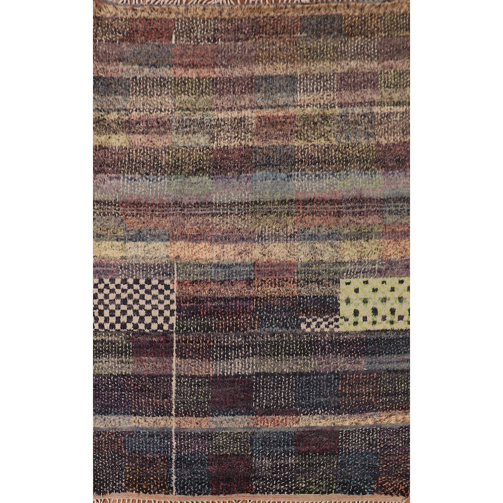 Checkered Plush Moroccan Pakistan Area Rug Handmade Wool Carpet - 7'11" x 10'9"