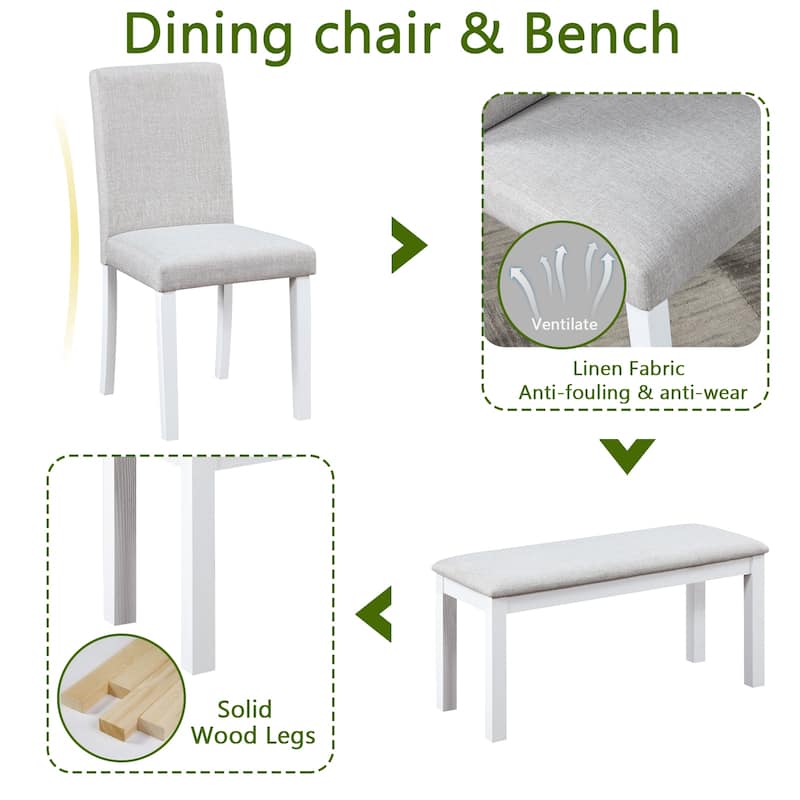 GDFStudio - Elmsley 6-Piece Classic Wooden Dining Table Set with 4 Upholstered Chairs and Bench