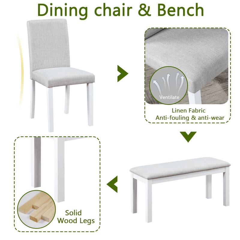 Kitchen Wooden Dining Table Set Rectangular Casual Dining Table with Crystal Accent Table Edge, 4 Dining Chairs, Bench