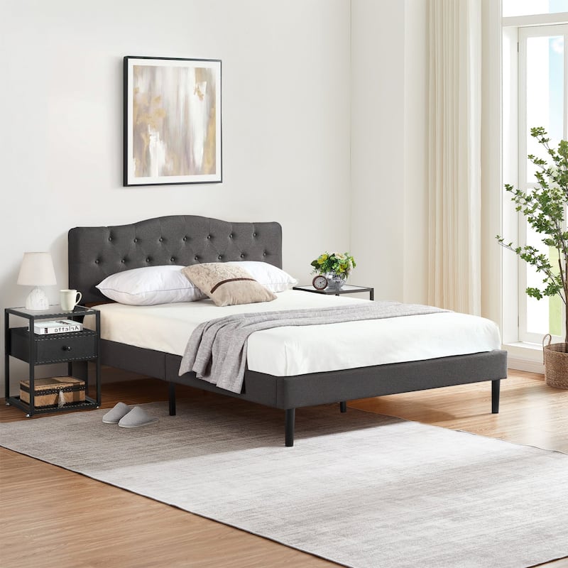 Taomika 3-pieces Height Adjustable Upholstered Bed and Modern Tempered Glass Nightstands Set