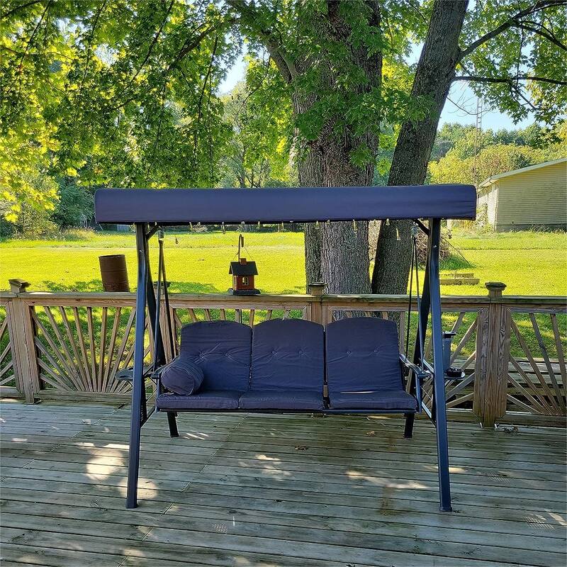 PURPLE LEAF 3-seat Outdoor Porch Swing All-Weather Steel Frame for Backyard Front Porch Lawn, Cushions and Pillow Included