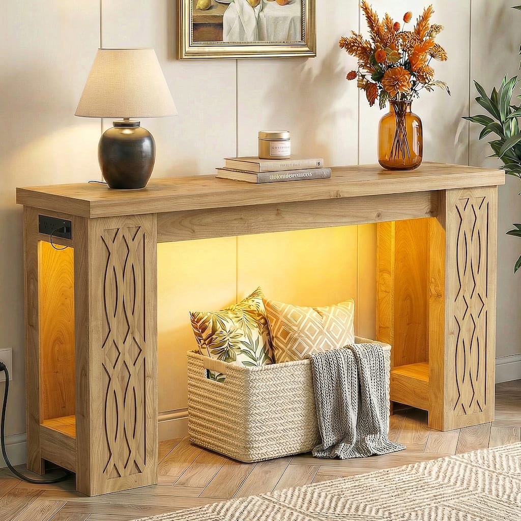 47" Farmhouse Console Table with RGB LED Light & Power Outlets, Unique Carved Design Farmhouse Entryway Table Sofa Table
