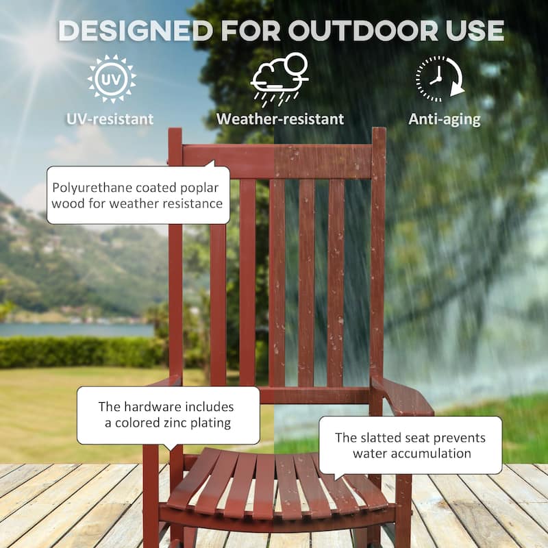 Outdoor Rocking Chair,Patio Wooden Rocking Chair With Smooth Armrests,High Back For Garden,Balcony,Porch - Wine Red