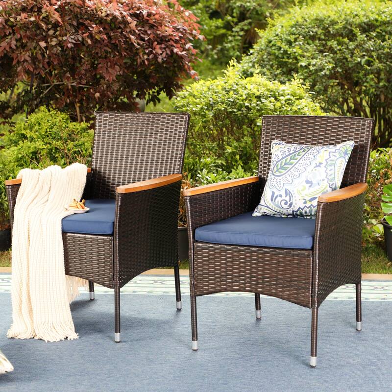 2 Pieces Outdoor Patio Rattan Chairs Wicker Dining Armchair Outdoor Furniture for Porch, Balcony & Deck - Brown