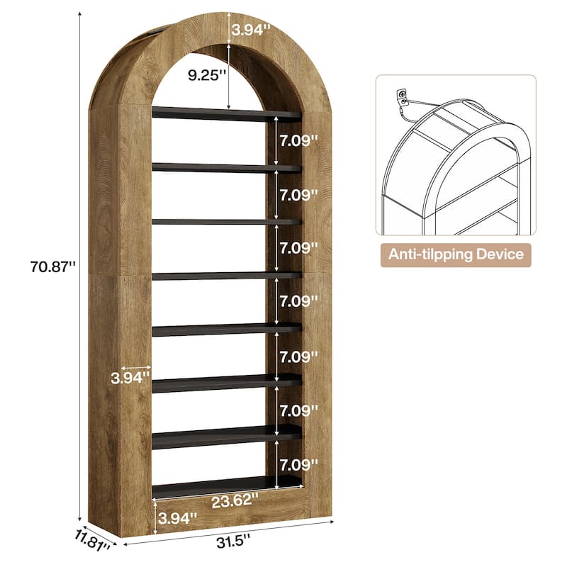 70.9" Tall Arched Bookcase, 8-tier Modern Bookshelf for Living Room - 11.81" D x 31.5" W x 70.9" H