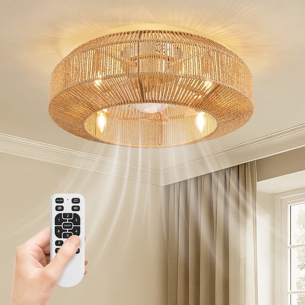 slide 2 of 19, Boho Smart Gold Rattan Caged Drum Flush Mount Ceiling Fan 24''-4 Lights