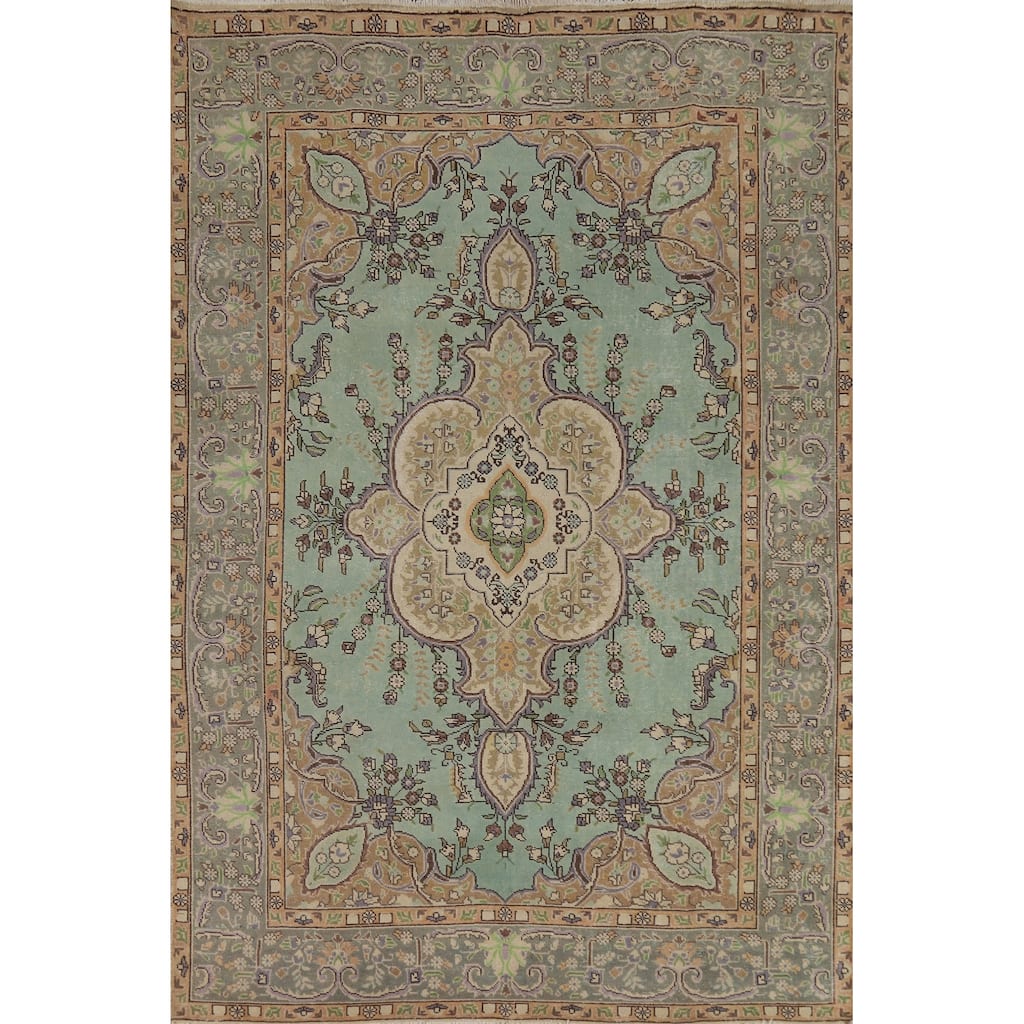 Aqua Green Medallion Tabriz Persian Area Rug Hand-Knotted Wool Carpet - 6'2"x 9'3"