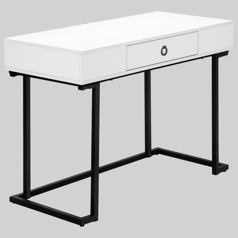 Contemporary 42" Computer Desk, Laminate Top, Black Metal Legs, Storage Drawer with Ring Pull - White