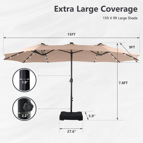 dimension image slide 2 of 15, MAISON ARTS 15-foot Rectangular Crank Double-sided Outdoor Market Umbrella Solar LED Lighted Patio Umbrella with Base Included