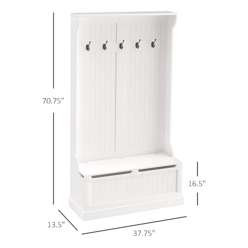 38" White 3 in 1 Hall Tree - Storage Bench, Coat Rack, Shoe Storage