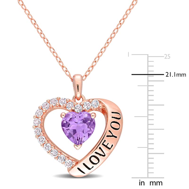 Miadora Amethyst & White Topaz "I Love You" Heart Halo Necklace in Rose Plated Sterling Silver