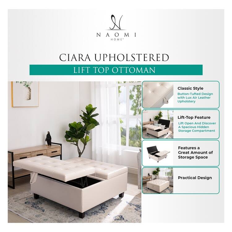 35-Inch Air Leather Tufted Upholstered Lift-Top Ottoman Bench, Large Square Storage Coffee Table for Living Room