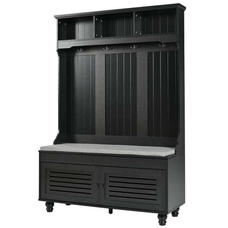 47.2'' Entryway Bench with Shutter-Shaped Doors, Coat Rack, Cushion and 4 Sturdy Hooks