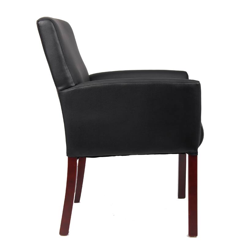 Nick Guest Armchair, Black Vinyl, Mahogany Brown Finish, Lumbar Support