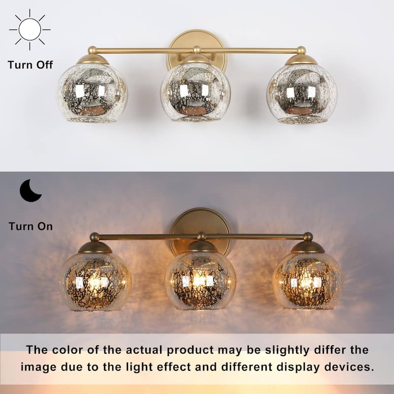 Mid-Century Modern Glam Gold Bathroom Vanity Light 3-Light Wall Lamp with Mercury Glass - 21" L x 7" W x 8" H