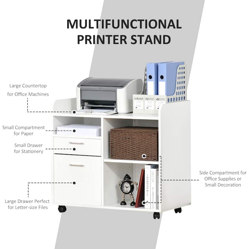 Vinsetto Printer Stand with 2 Drawers, Adjustable Shelves and Wheels for Home Office