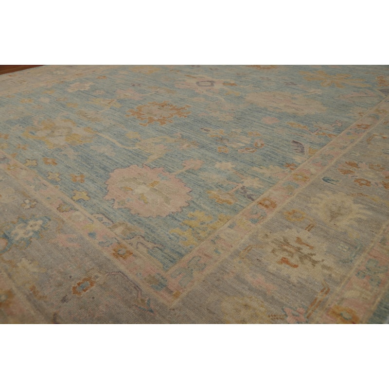 Vegetable Dye Blue Floral Oushak Turkish Area Rug Handmade Wool Carpet - 8'3"x 9'8" - 8'3"x 9'8" - Blue