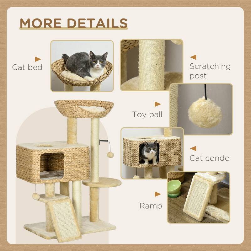38" Cat Tree for Indoor Cats, Cat Tower with Scratching Posts, Ramp, Condo, Toy Balls, Platform, Bed - Beige