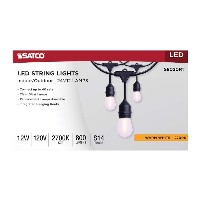 24 Foot LED String Light 12-S14 Lamps 2700K CCT Black 120 Volt